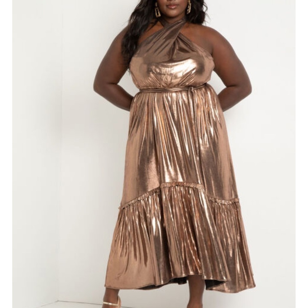 Eloquii Metallic Copper Halter-Style Maxi Dress